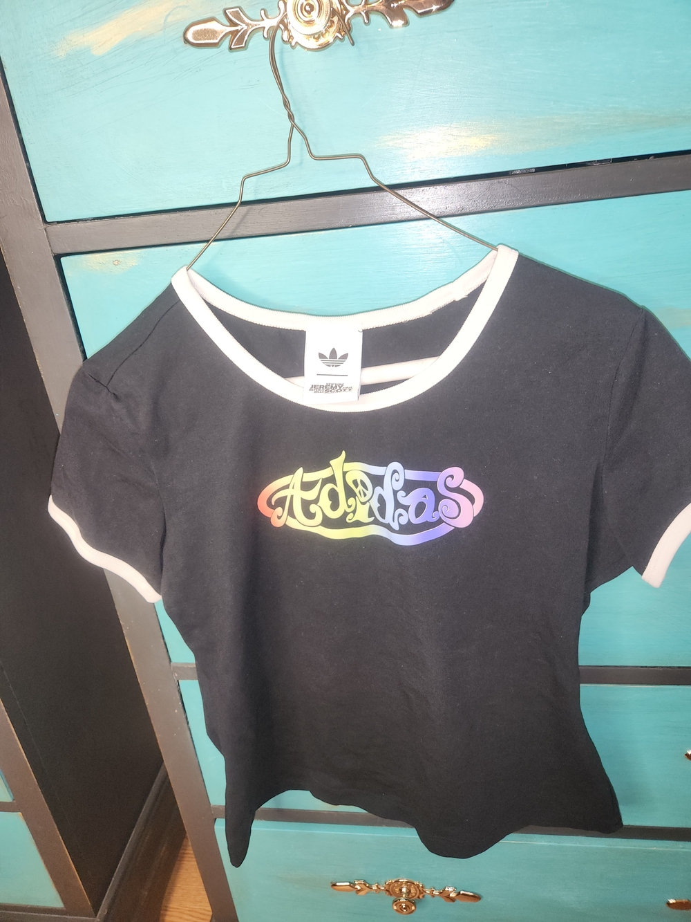 Jeremy Scott Black Short-Sleeve Tee with Rainbow Script Logo and White Trim